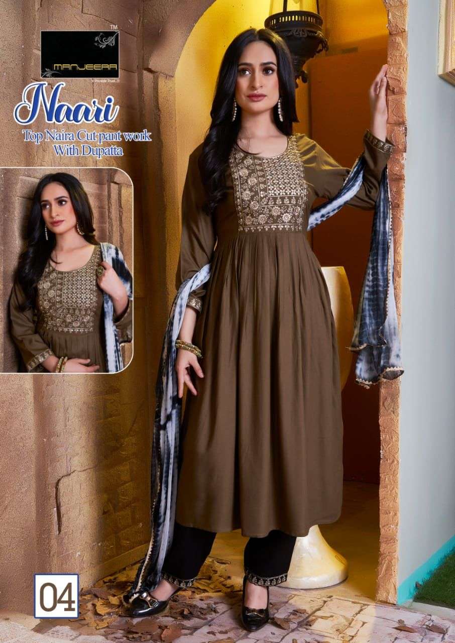 Manjeera Naari Nayra Cut Rayon Kurta Pant Dupatta with Embroidered work On Wholesale