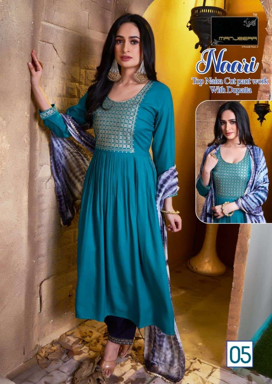 Manjeera Naari Nayra Cut Rayon Kurta Pant Dupatta with Embroidered work On Wholesale