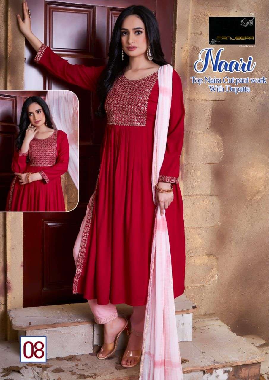 Manjeera Naari Nayra Cut Rayon Kurta Pant Dupatta with Embroidered work On Wholesale
