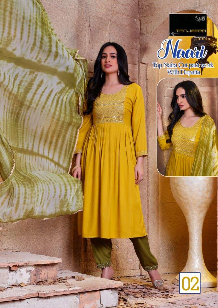 Manjeera Naari Nayra Cut Rayon Kurta Pant Dupatta with Embroidered work On Wholesale