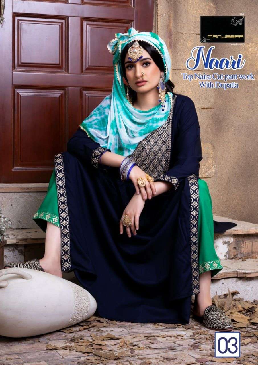 Manjeera Naari Nayra Cut Rayon Kurta Pant Dupatta with Embroidered work On Wholesale