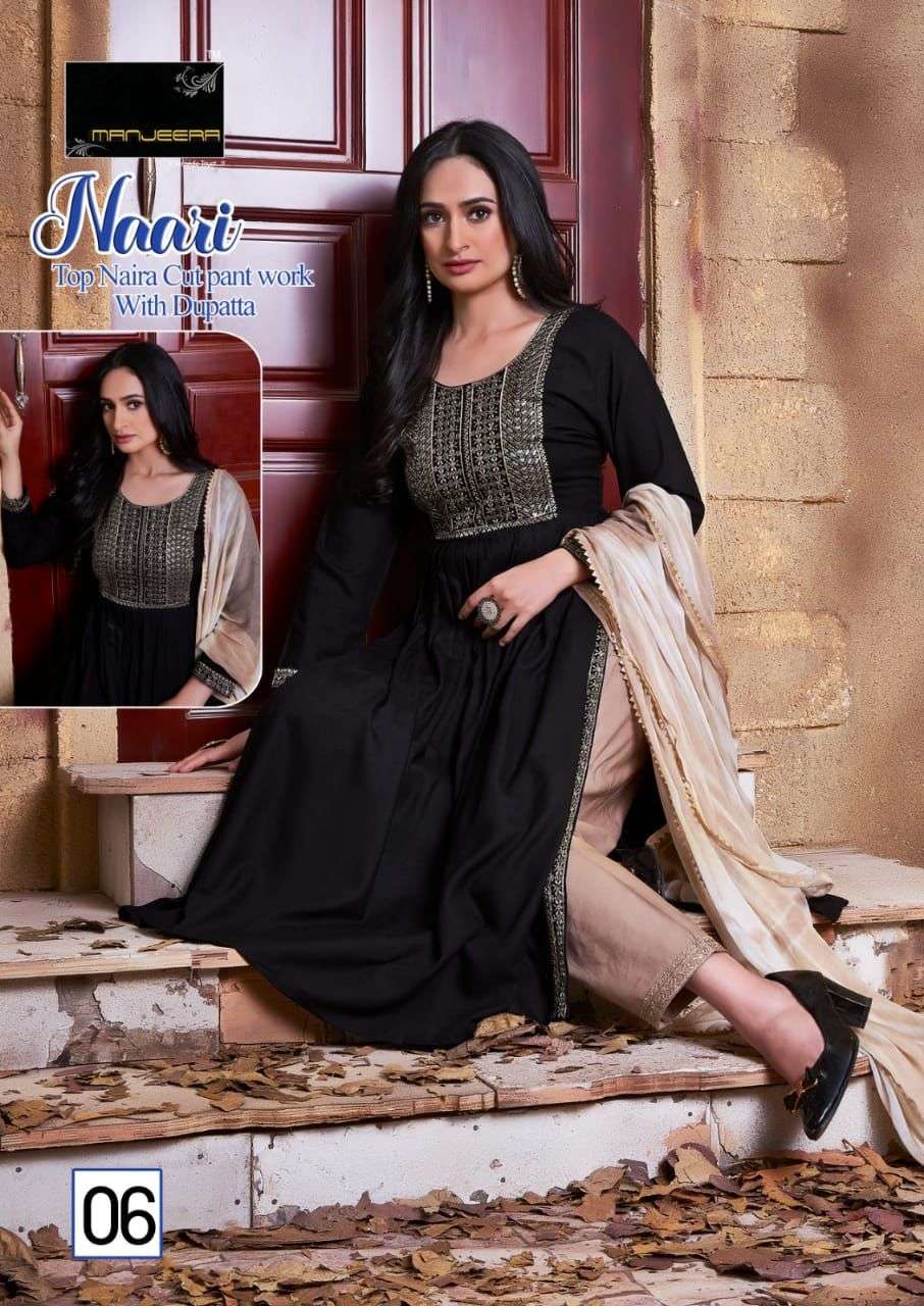 Manjeera Naari Nayra Cut Rayon Kurta Pant Dupatta with Embroidered work On Wholesale