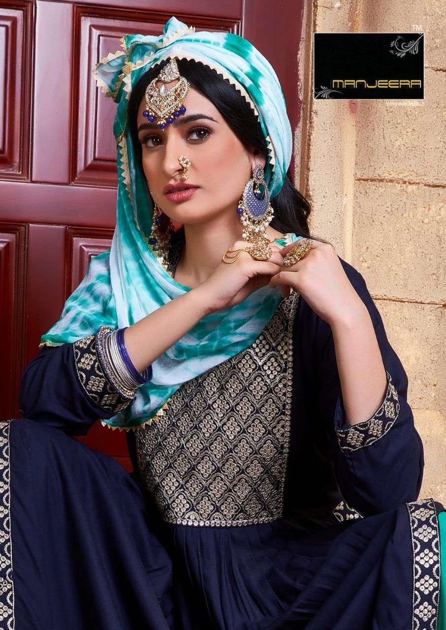 Manjeera Naari Nayra Cut Rayon Kurta Pant Dupatta with Embroidered work On Wholesale