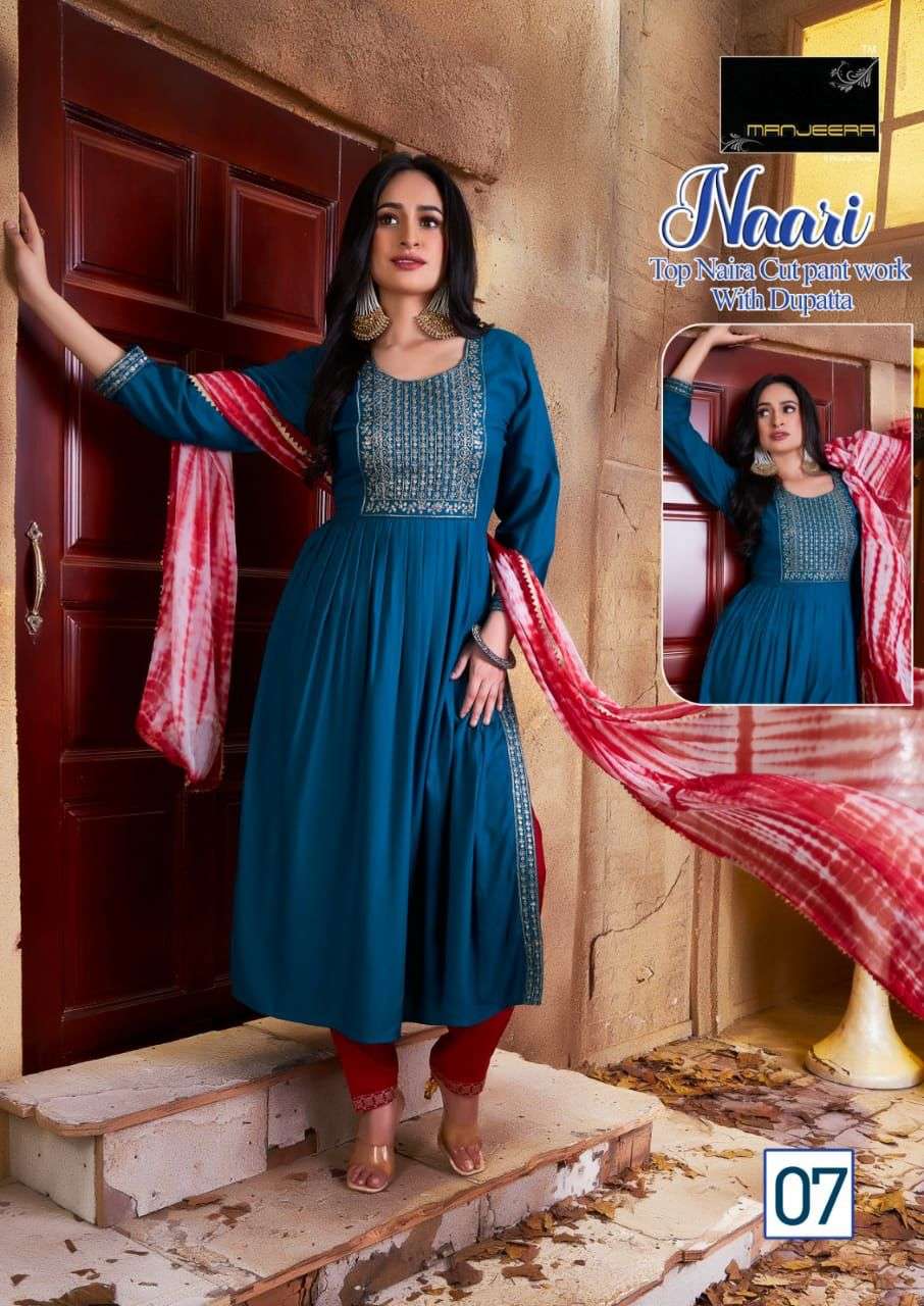 Manjeera Naari Nayra Cut Rayon Kurta Pant Dupatta with Embroidered work On Wholesale