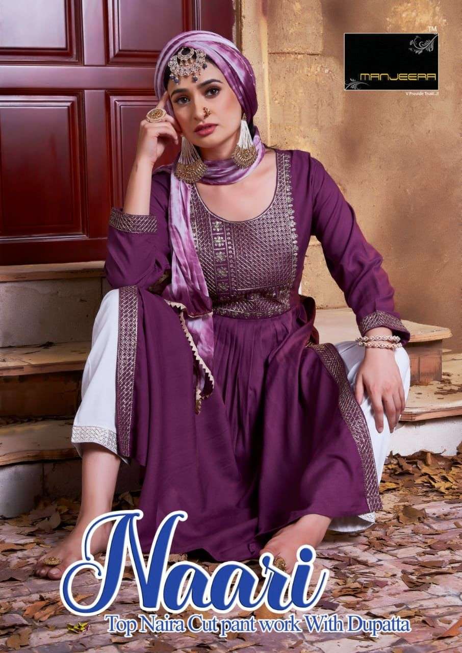 Manjeera Naari Nayra Cut Rayon Kurta Pant Dupatta with Embroidered work On Wholesale