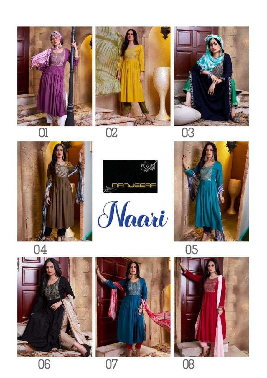 Manjeera Naari Nayra Cut Rayon Kurta Pant Dupatta with Embroidered work On Wholesale
