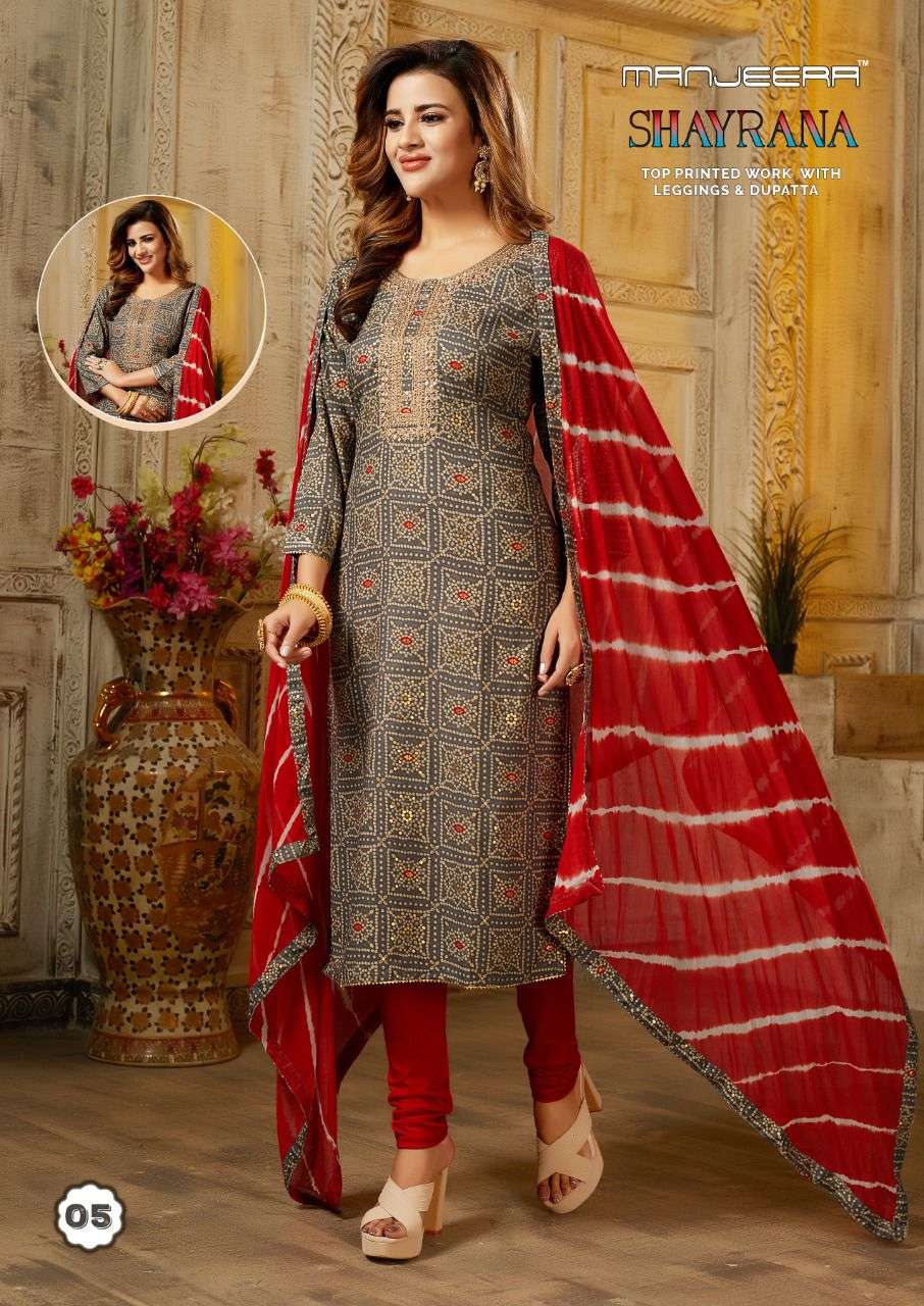 Manjeera Shayrana Rayon Foil Print Top Bottom With Dupatta On Wholesale  