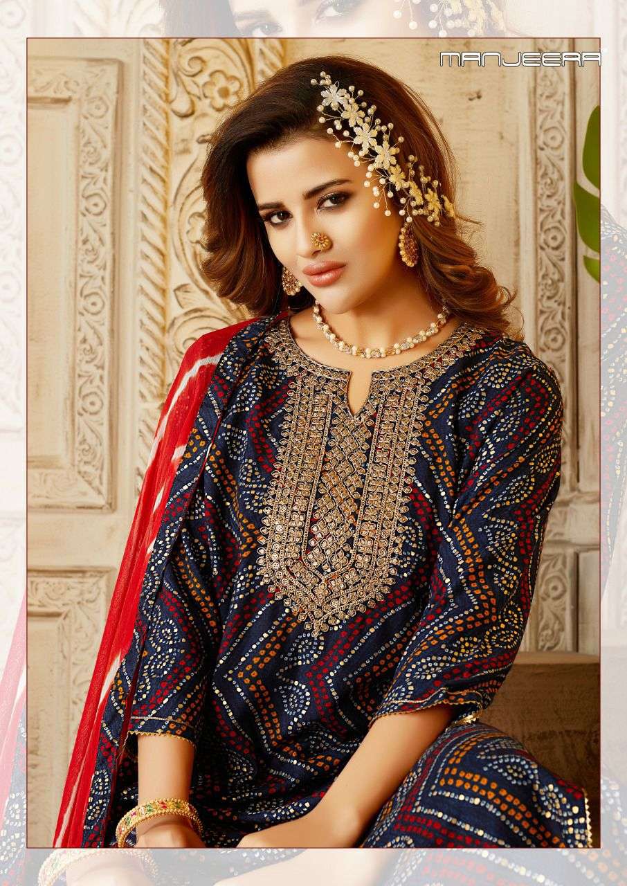 Manjeera Shayrana Rayon Foil Print Top Bottom With Dupatta On Wholesale  