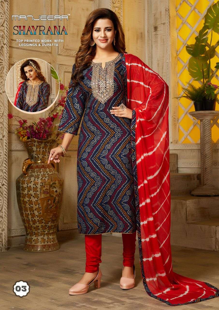 Manjeera Shayrana Rayon Foil Print Top Bottom With Dupatta On Wholesale  
