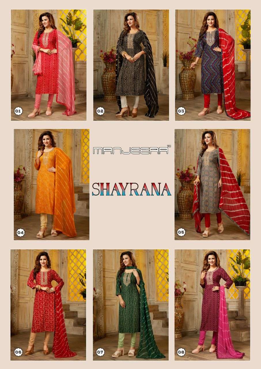 Manjeera Shayrana Rayon Foil Print Top Bottom With Dupatta On Wholesale  