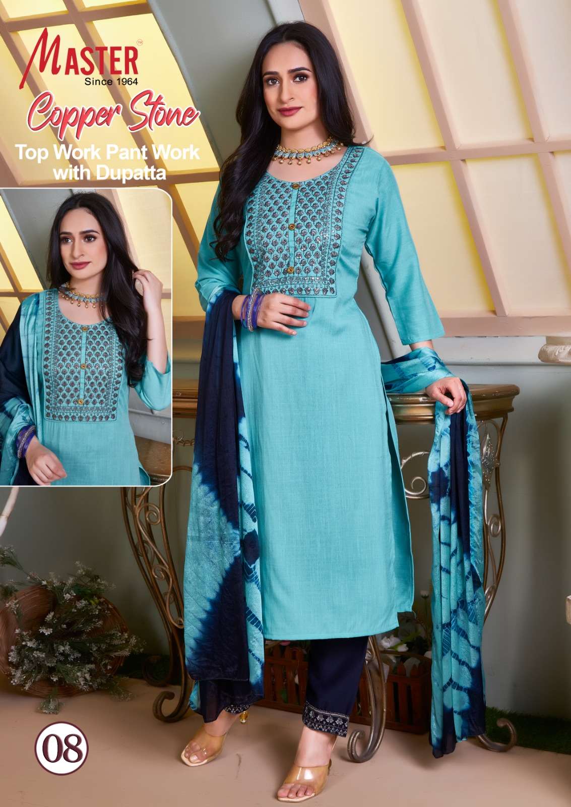 Master Copper Stone Fancy Kurti Work With Bottom Work Dupatta On Wholesale