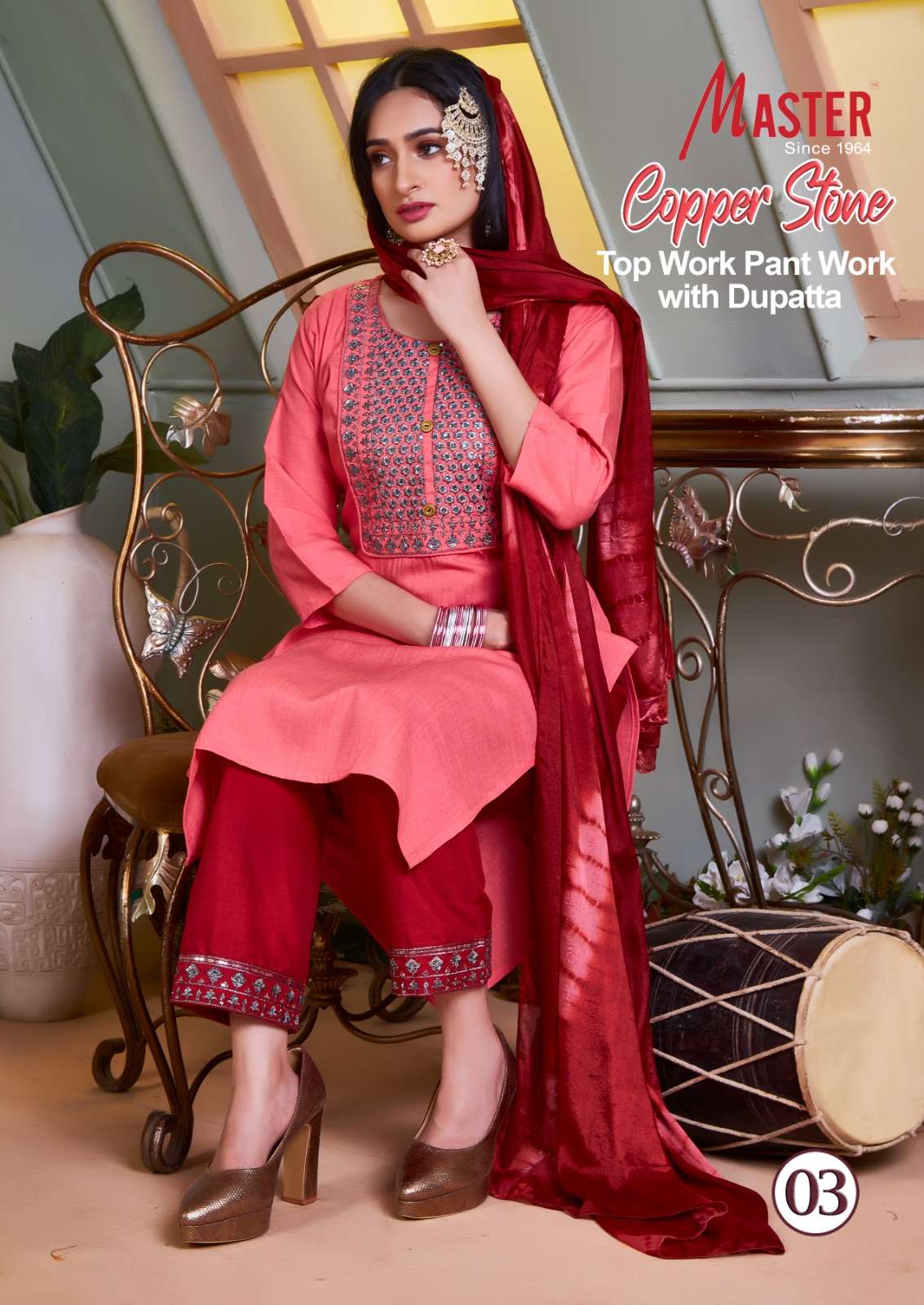 Master Copper Stone Fancy Kurti Work With Bottom Work Dupatta On Wholesale