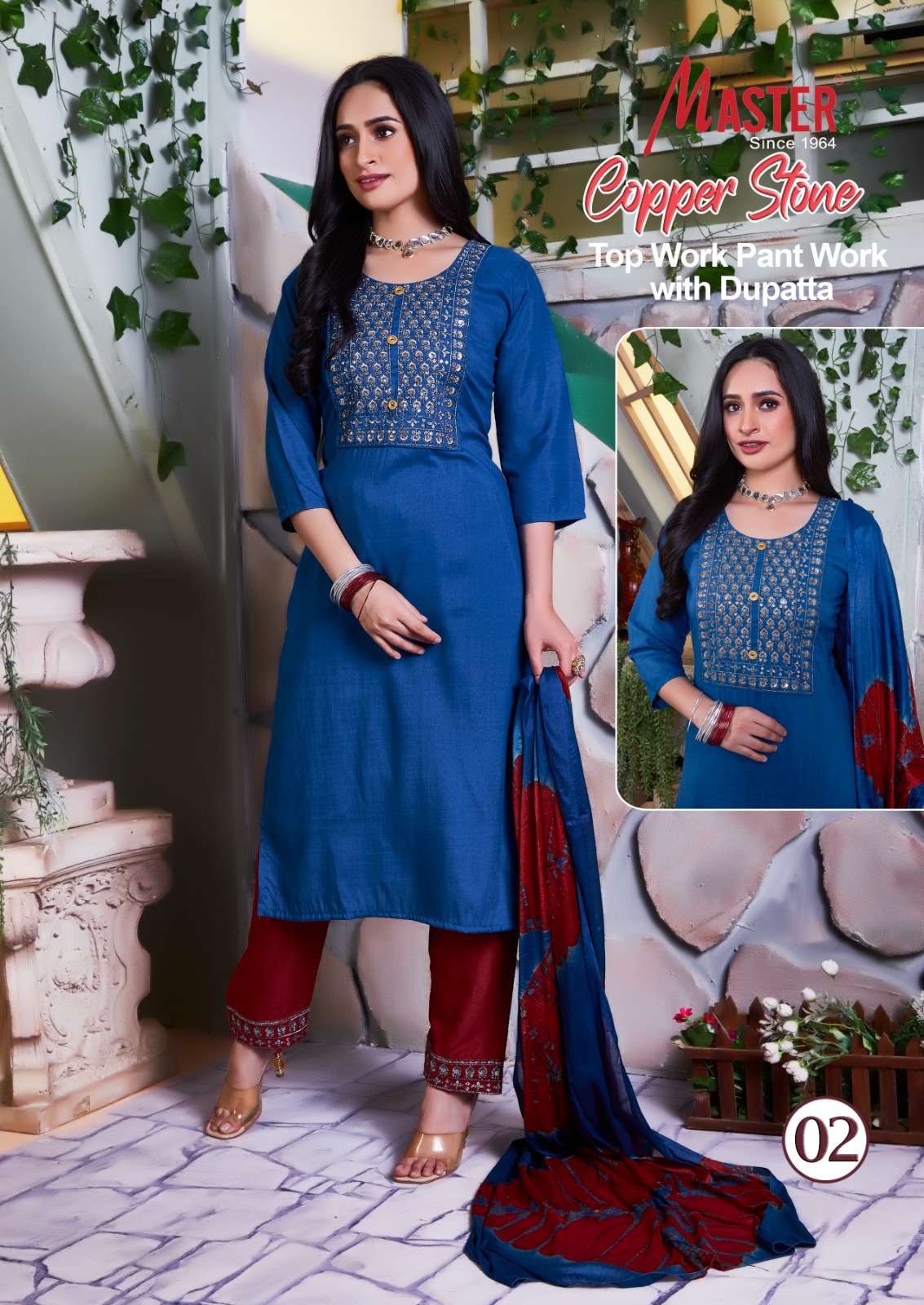 Master Copper Stone Fancy Kurti Work With Bottom Work Dupatta On Wholesale