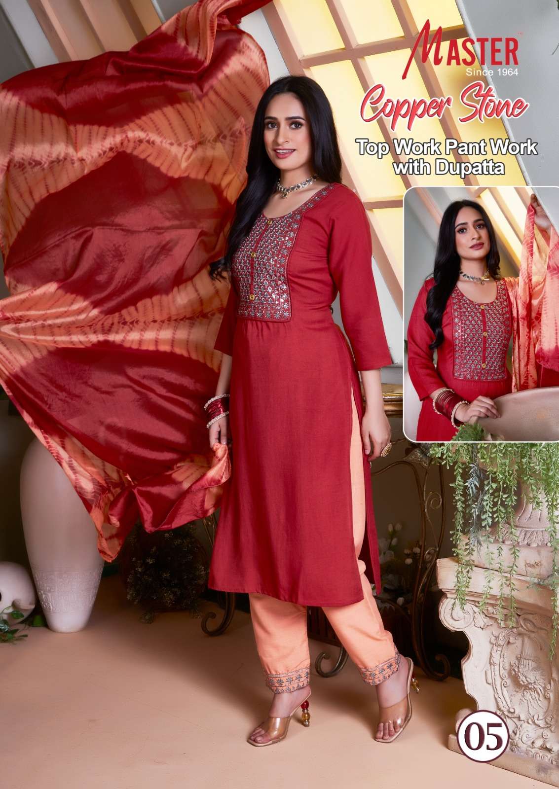 Master Copper Stone Fancy Kurti Work With Bottom Work Dupatta On Wholesale