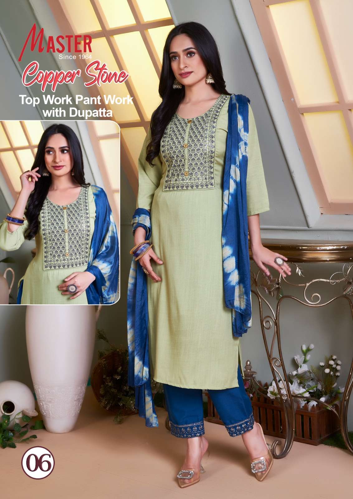 Master Copper Stone Fancy Kurti Work With Bottom Work Dupatta On Wholesale