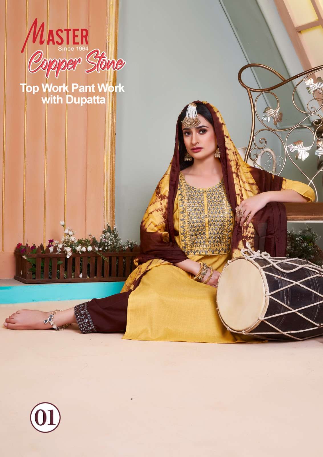 Master Copper Stone Fancy Kurti Work With Bottom Work Dupatta On Wholesale