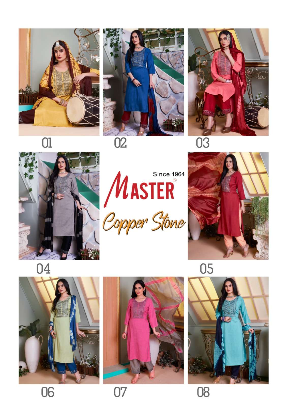 Master Copper Stone Fancy Kurti Work With Bottom Work Dupatta On Wholesale