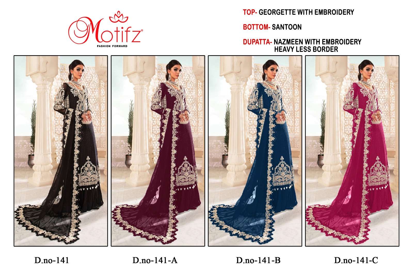 Motifz Fashion D.No. 141 Georgette With Embroidery Top Bottom With Dupatta On Wholesale
