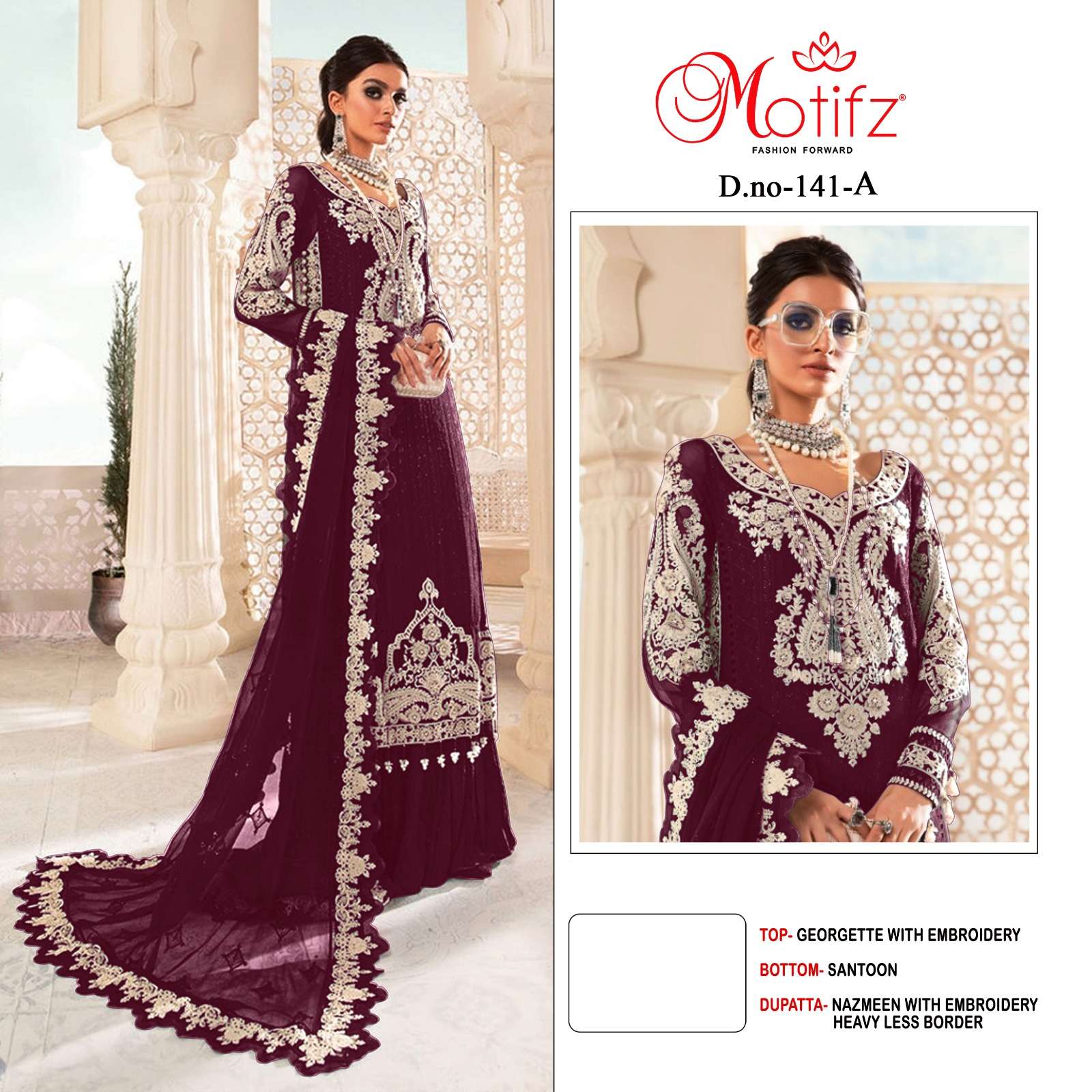 Motifz Fashion D.No. 141 Georgette With Embroidery Top Bottom With Dupatta On Wholesale