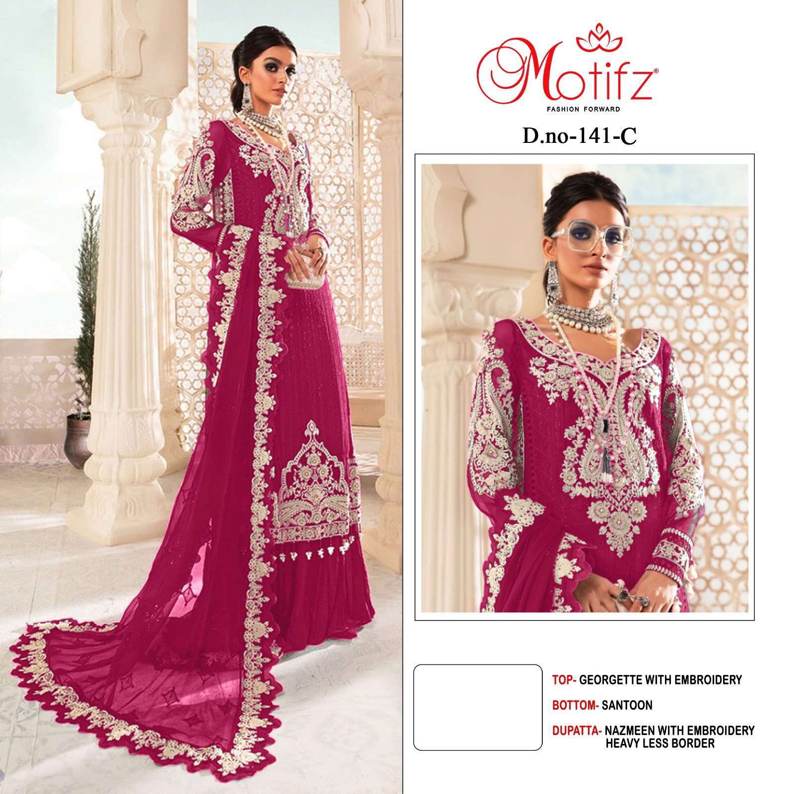 Motifz Fashion D.No. 141 Georgette With Embroidery Top Bottom With Dupatta On Wholesale