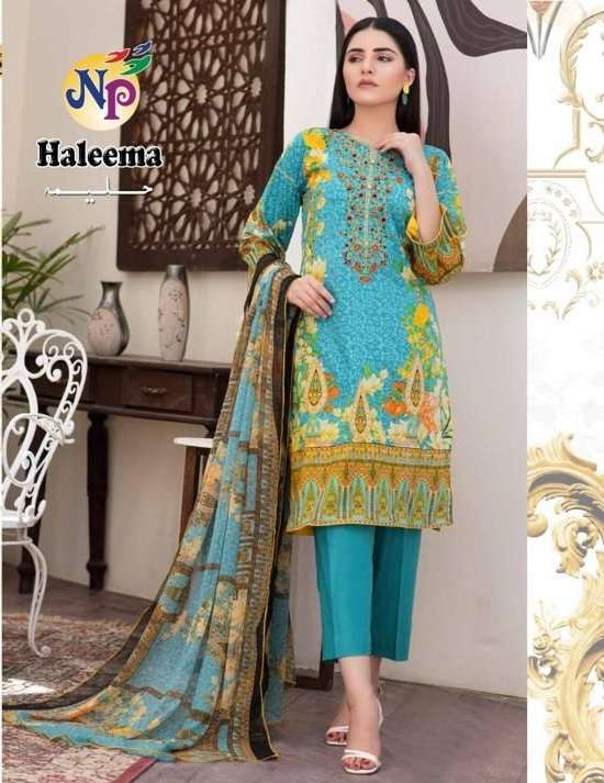 Np Print Haleema Lawn Cotton Printed With Neck Embroidery Suits On Wholesale