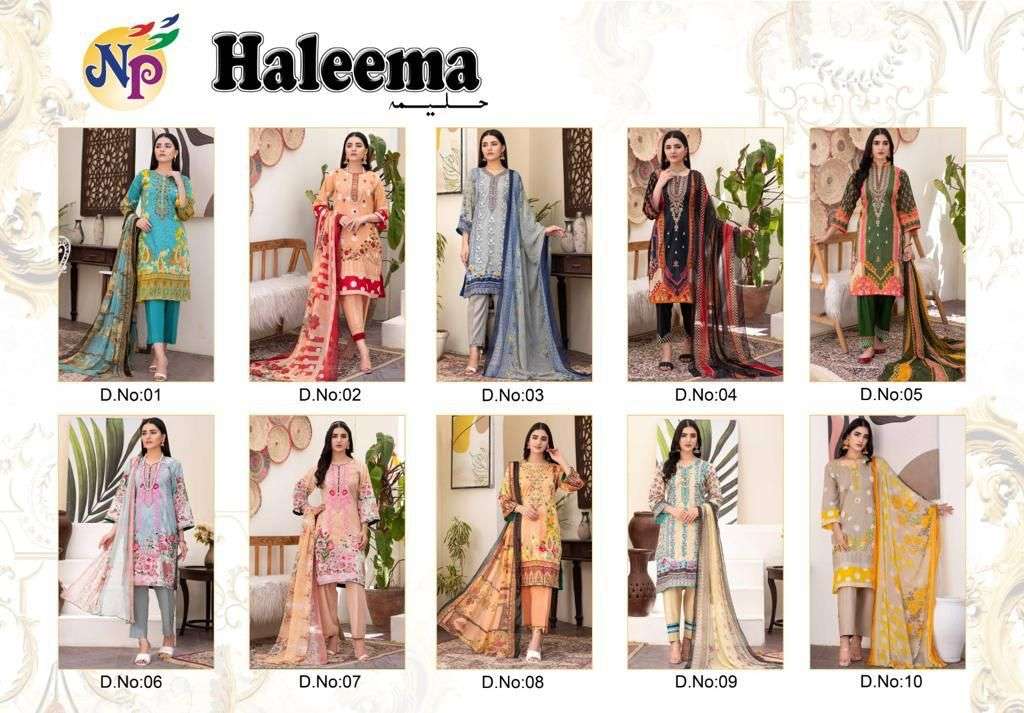 Np Print Haleema Lawn Cotton Printed With Neck Embroidery Suits On Wholesale