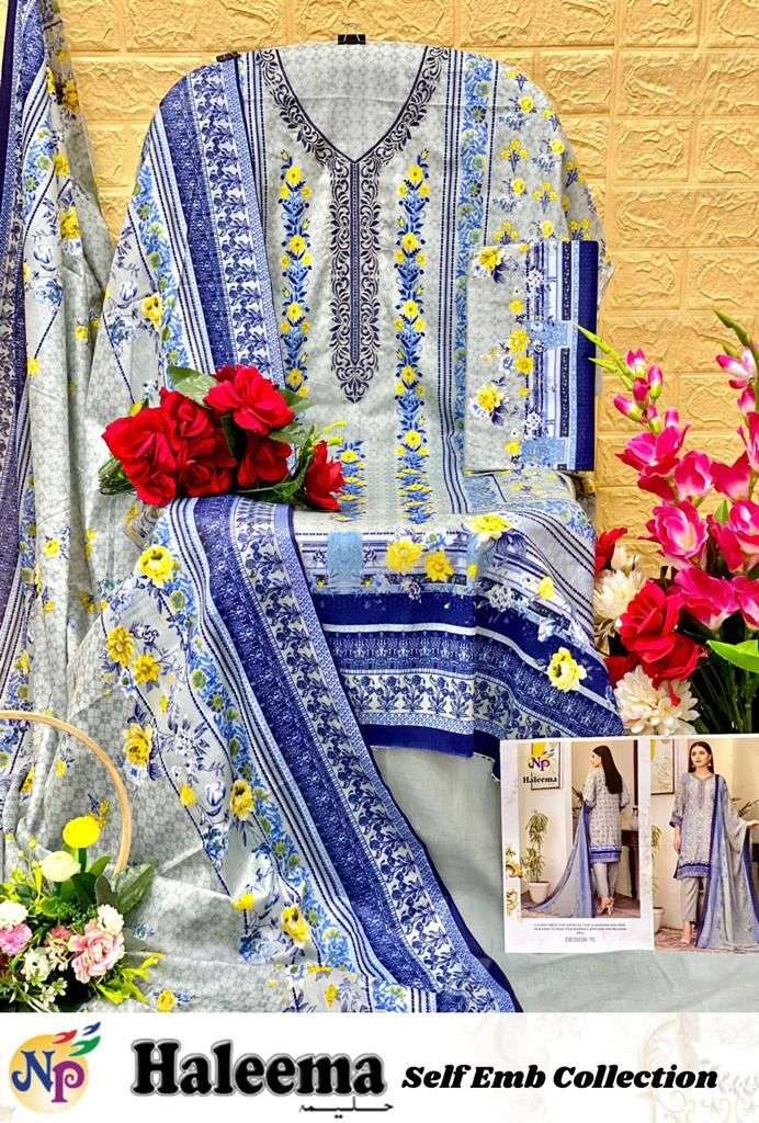 Np Print Haleema Lawn Cotton Printed With Neck Embroidery Suits On Wholesale