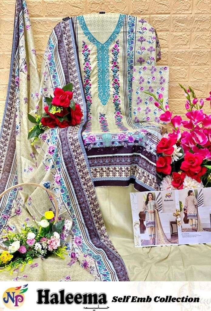 Np Print Haleema Lawn Cotton Printed With Neck Embroidery Suits On Wholesale