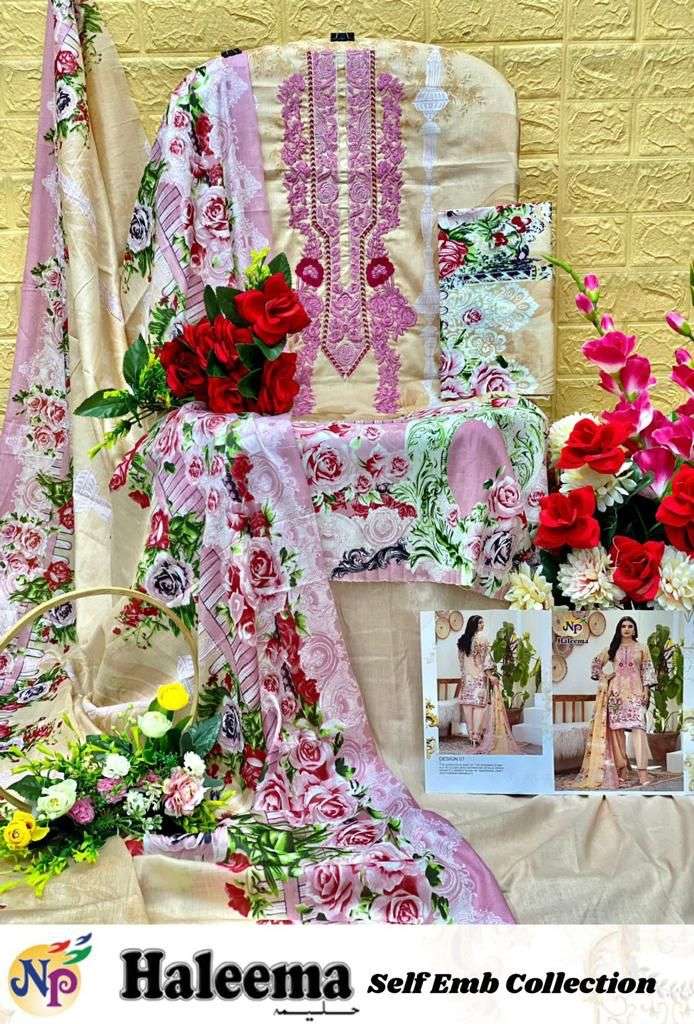 Np Print Haleema Lawn Cotton Printed With Neck Embroidery Suits On Wholesale