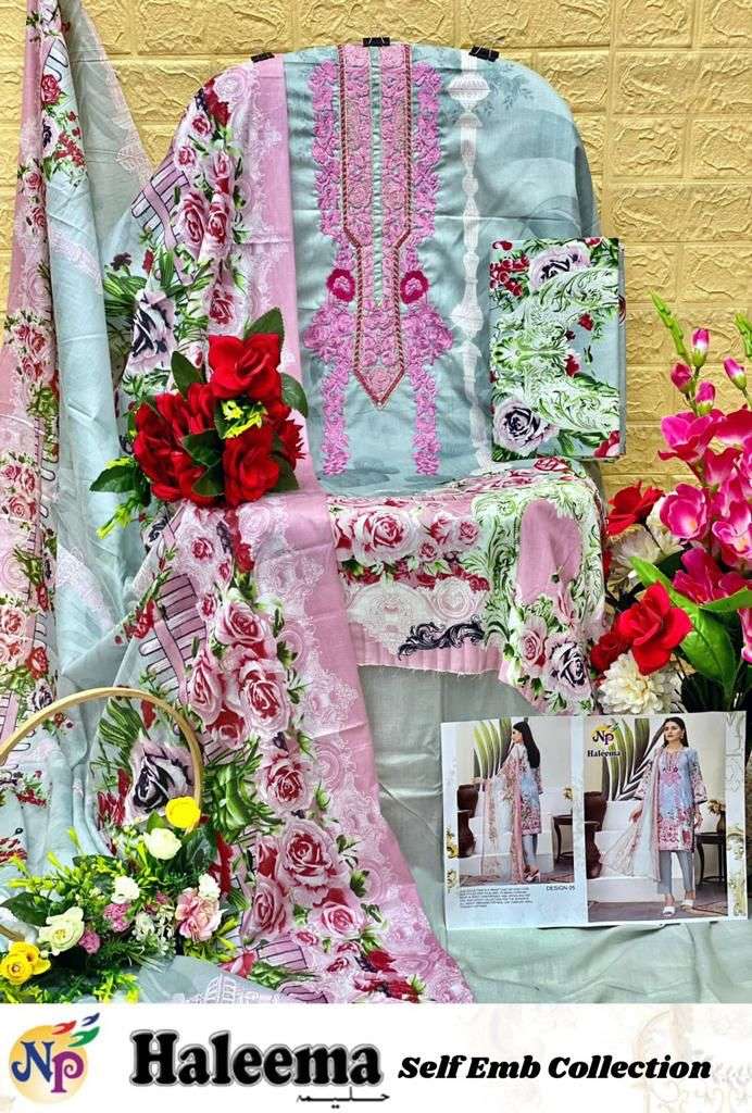 Np Print Haleema Lawn Cotton Printed With Neck Embroidery Suits On Wholesale