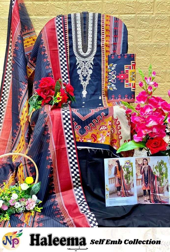 Np Print Haleema Lawn Cotton Printed With Neck Embroidery Suits On Wholesale
