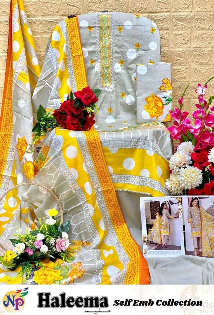 Np Print Haleema Lawn Cotton Printed With Neck Embroidery Suits On Wholesale