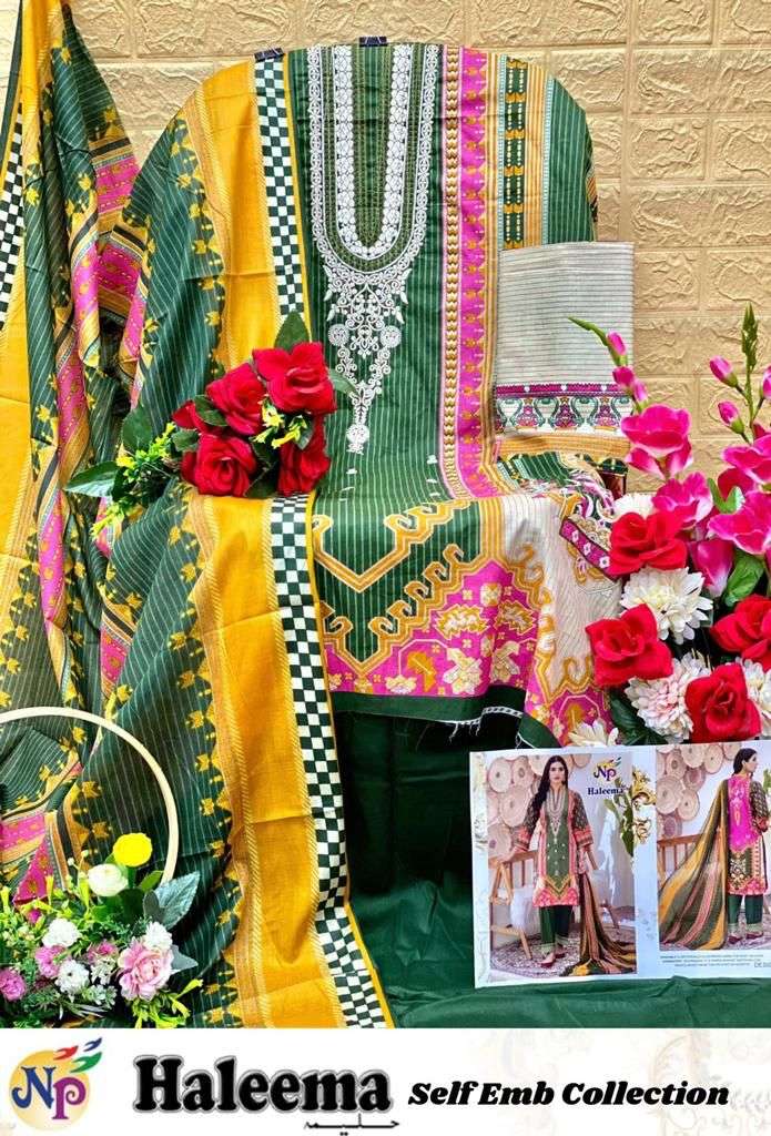 Np Print Haleema Lawn Cotton Printed With Neck Embroidery Suits On Wholesale