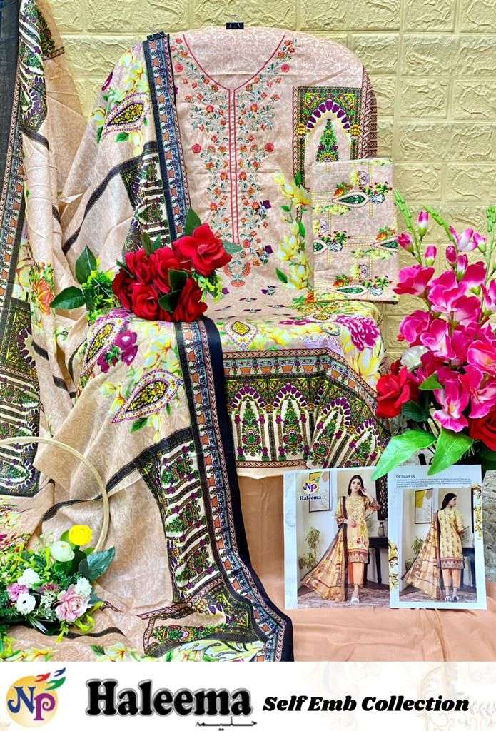 Np Print Haleema Lawn Cotton Printed With Neck Embroidery Suits On Wholesale