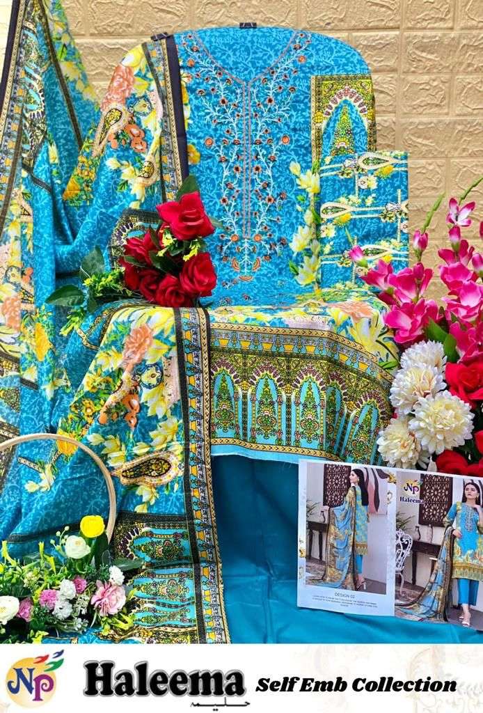 Np Print Haleema Lawn Cotton Printed With Neck Embroidery Suits On Wholesale