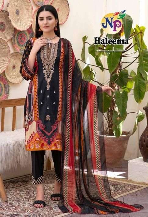 Np Print Haleema Lawn Cotton Printed With Neck Embroidery Suits On Wholesale