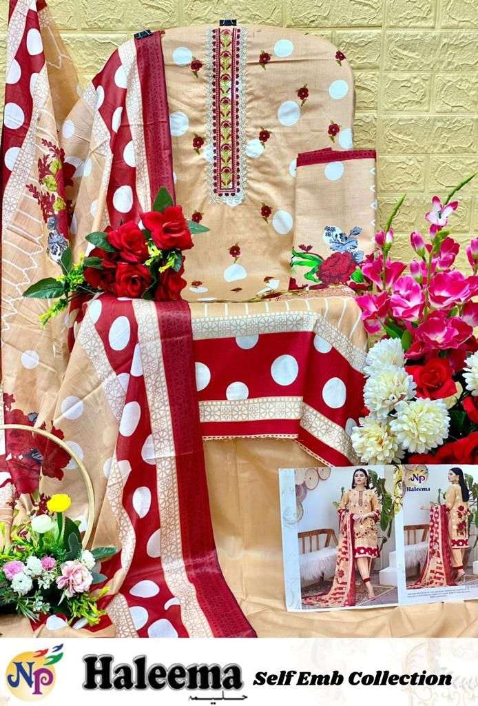 Np Print Haleema Lawn Cotton Printed With Neck Embroidery Suits On Wholesale