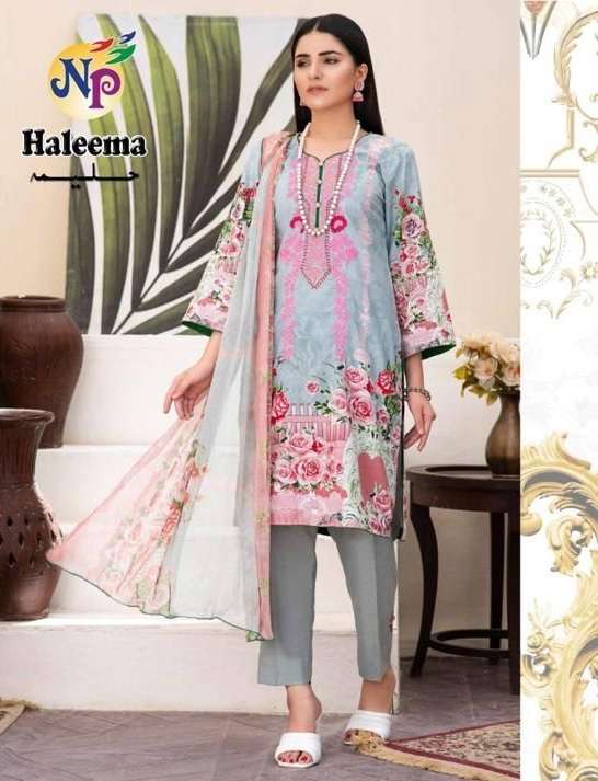 Np Print Haleema Lawn Cotton Printed With Neck Embroidery Suits On Wholesale