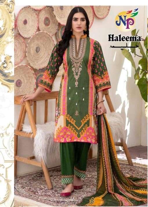 Np Print Haleema Lawn Cotton Printed With Neck Embroidery Suits On Wholesale
