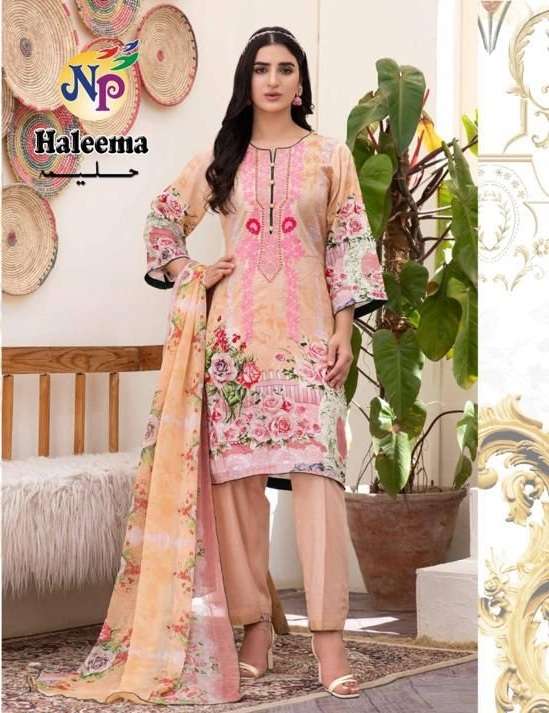 Np Print Haleema Lawn Cotton Printed With Neck Embroidery Suits On Wholesale