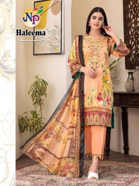 Np Print Haleema Lawn Cotton Printed With Neck Embroidery Suits On Wholesale