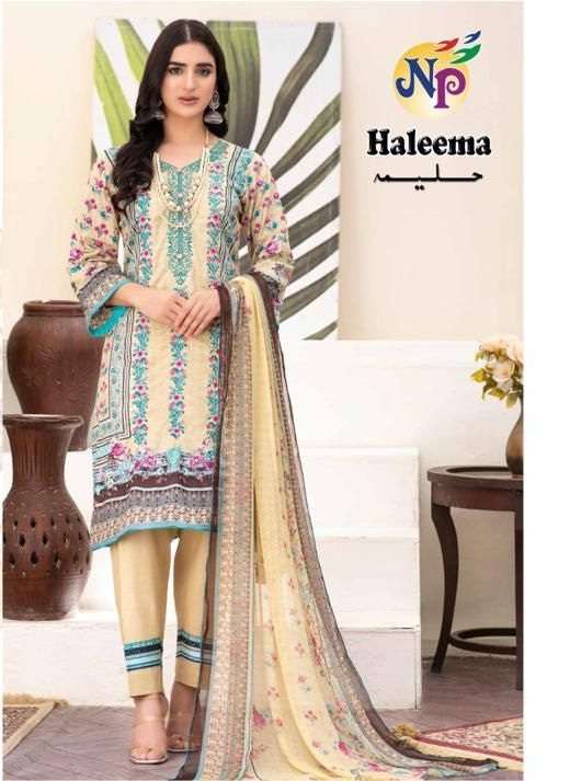 Np Print Haleema Lawn Cotton Printed With Neck Embroidery Suits On Wholesale
