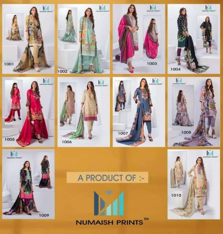 Numaish Prints Mishaal Premium Lawn Cotton Printed Dress Materials On Wholesale