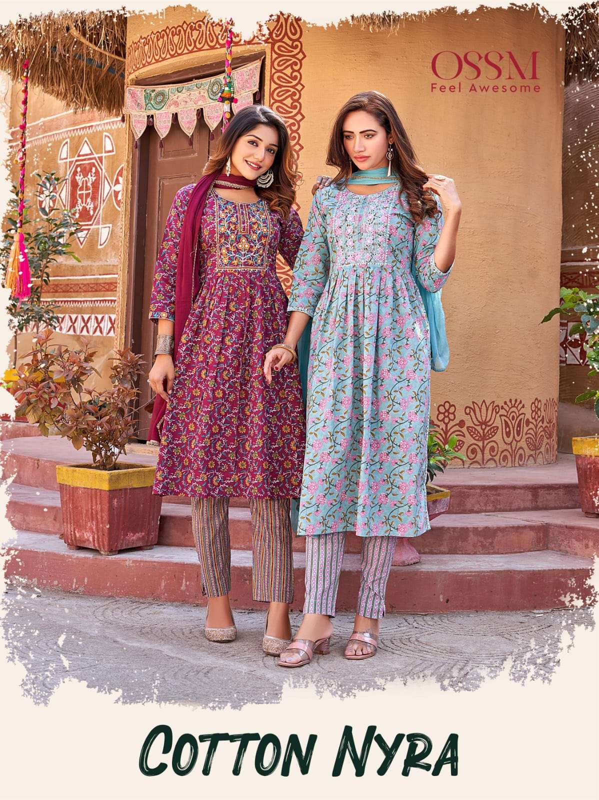 Ossm Cotton Nyra Cotton Print Heavy Embroidery Top Bottom With Dupatta On Wholesale