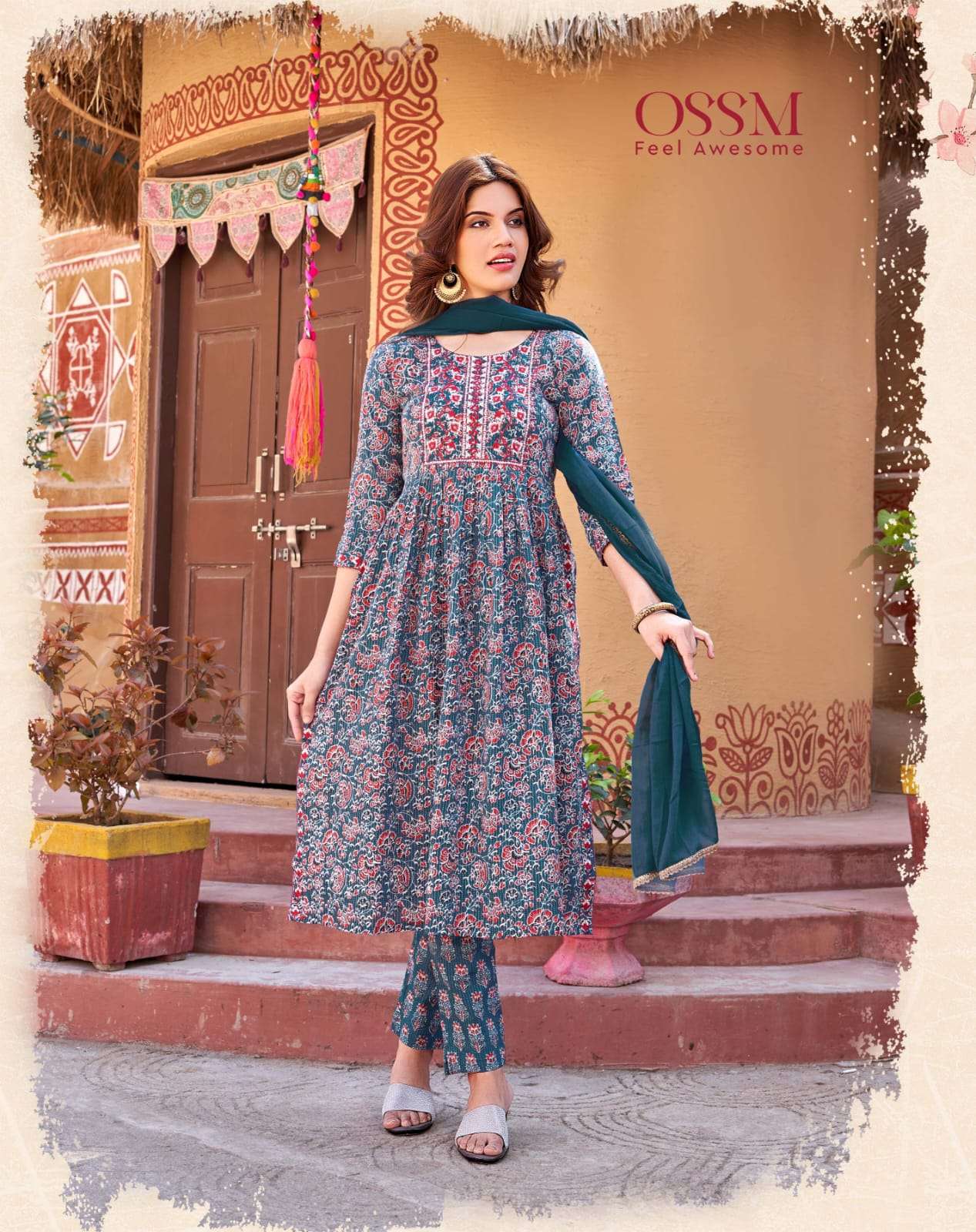 Ossm Cotton Nyra Cotton Print Heavy Embroidery Top Bottom With Dupatta On Wholesale