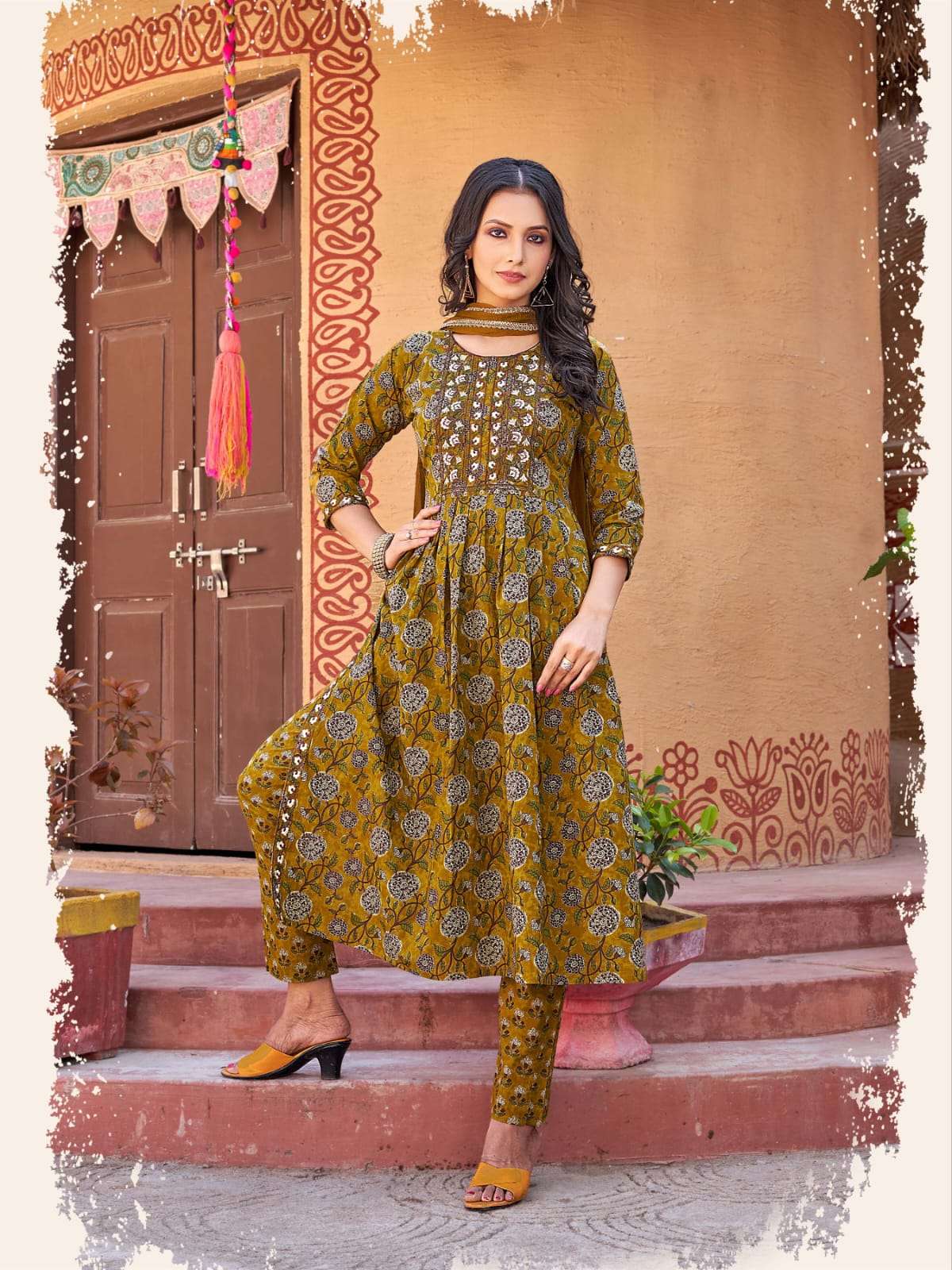 Ossm Cotton Nyra Cotton Print Heavy Embroidery Top Bottom With Dupatta On Wholesale