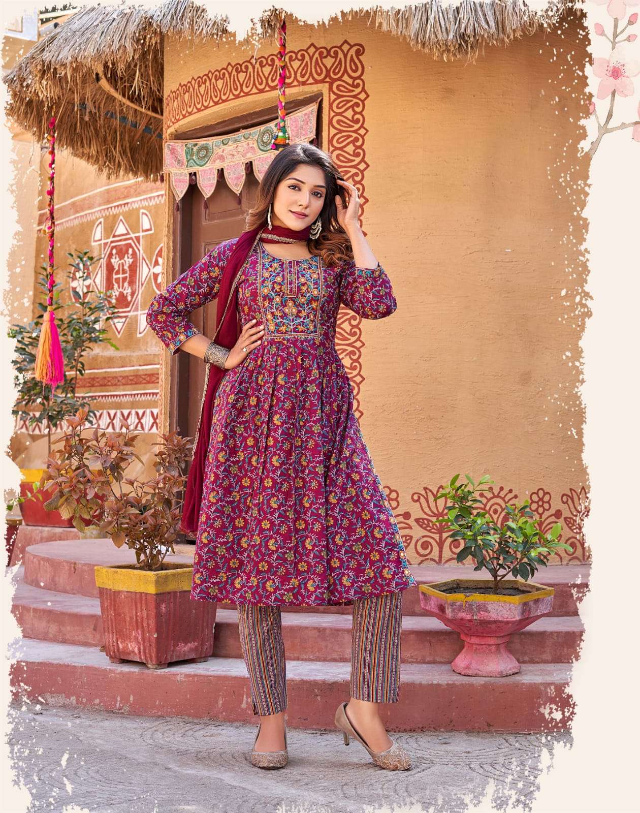 Ossm Cotton Nyra Cotton Print Heavy Embroidery Top Bottom With Dupatta On Wholesale