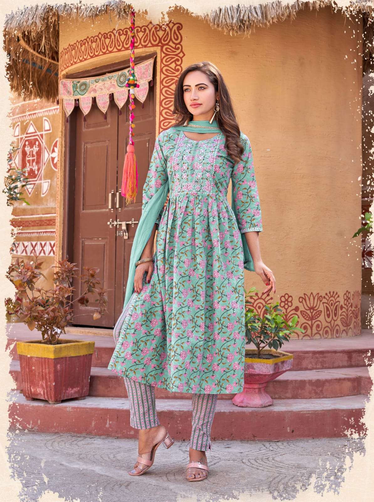 Ossm Cotton Nyra Cotton Print Heavy Embroidery Top Bottom With Dupatta On Wholesale