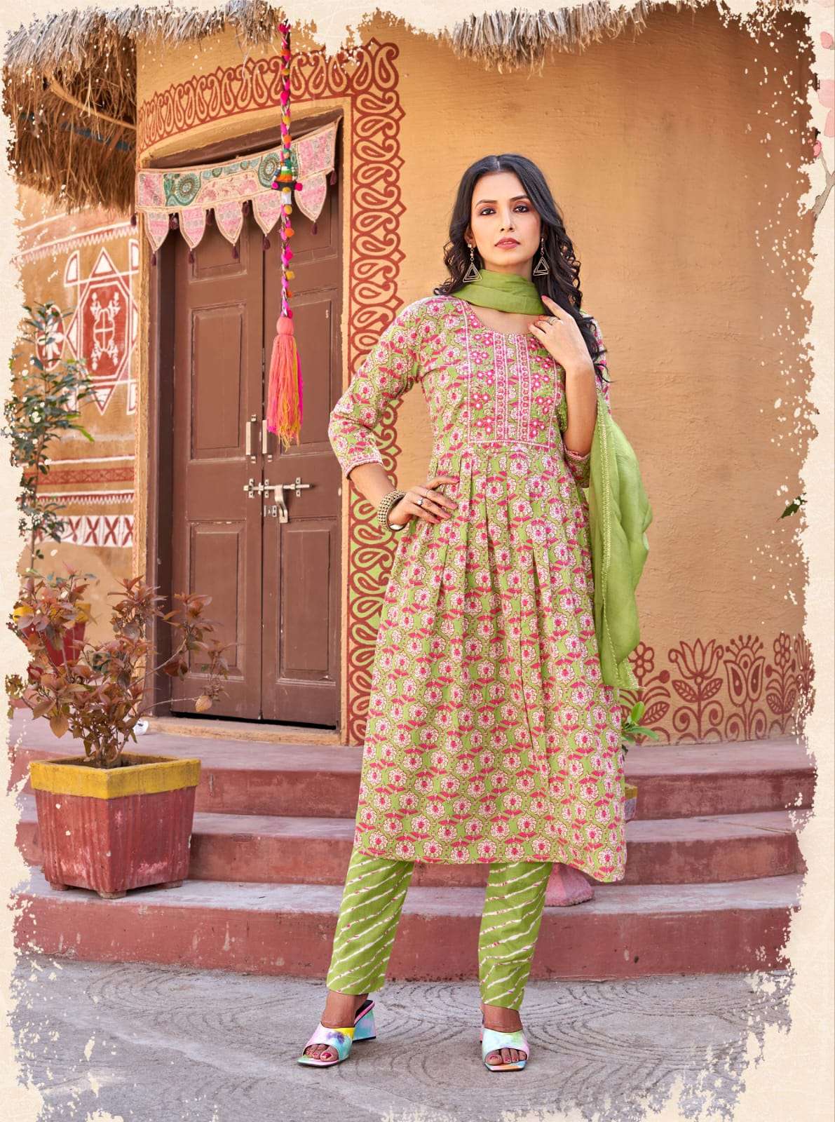 Ossm Cotton Nyra Cotton Print Heavy Embroidery Top Bottom With Dupatta On Wholesale