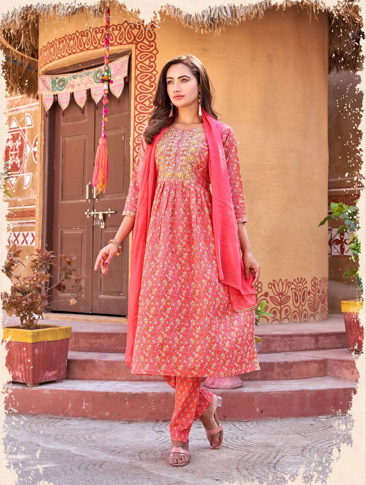 Ossm Cotton Nyra Cotton Print Heavy Embroidery Top Bottom With Dupatta On Wholesale